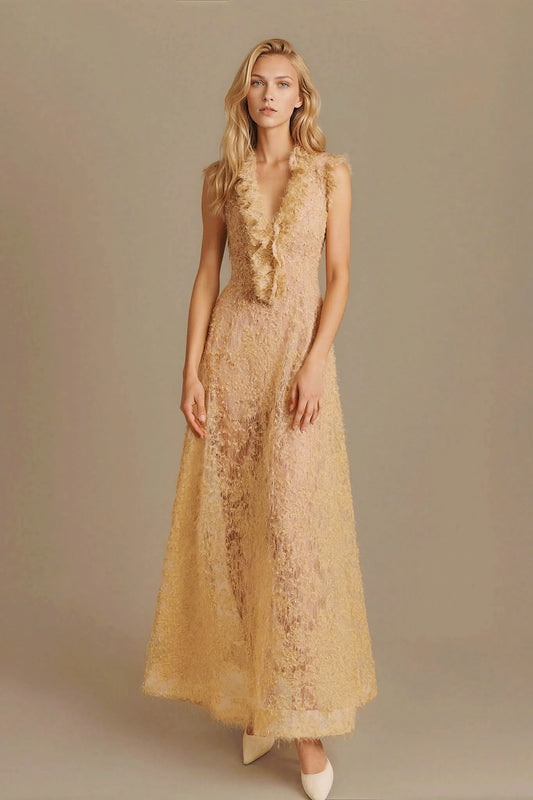 Flared Fringe Lace Dress - Gold