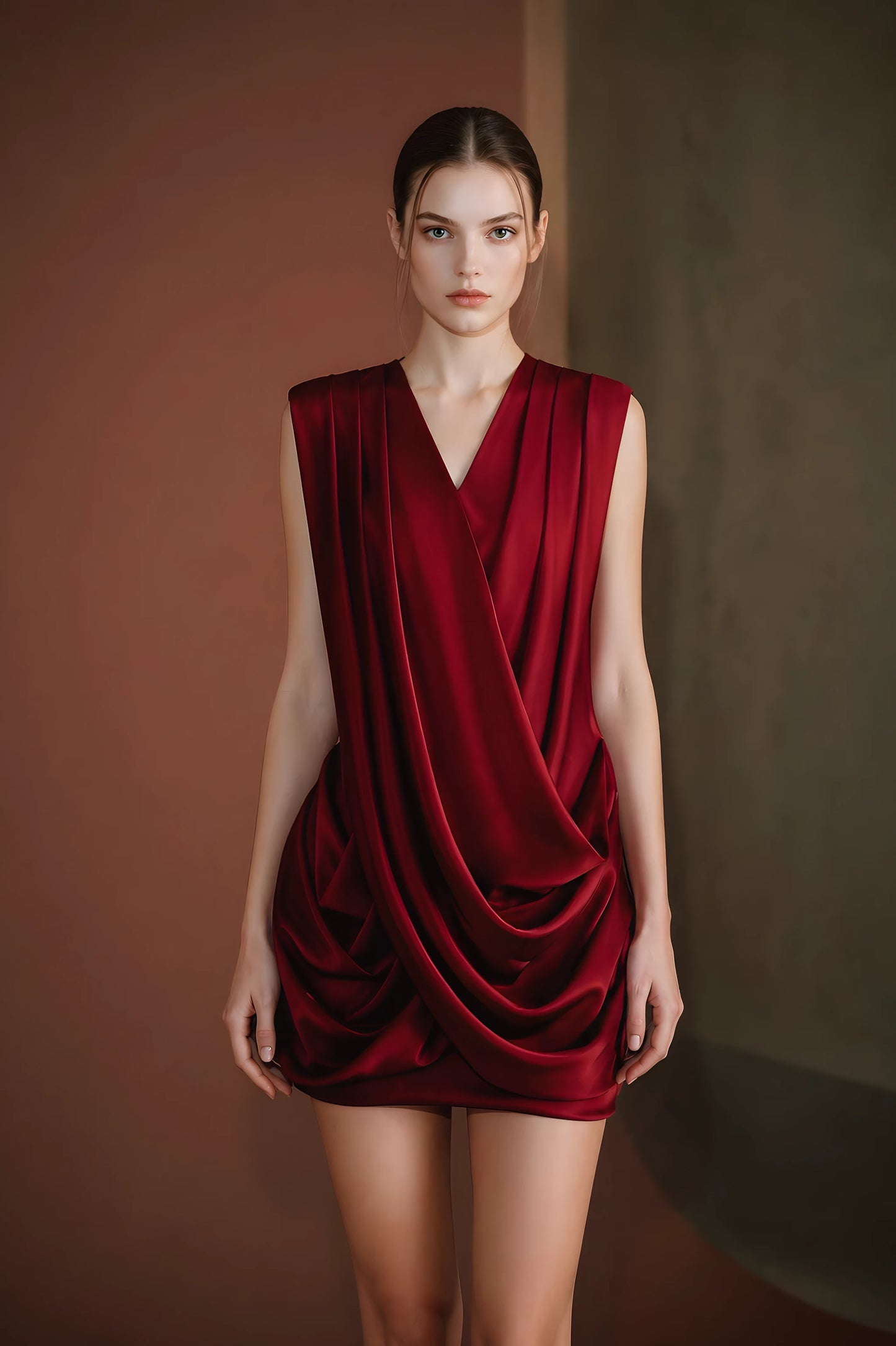 Fitted Silk Dress - Burgundy